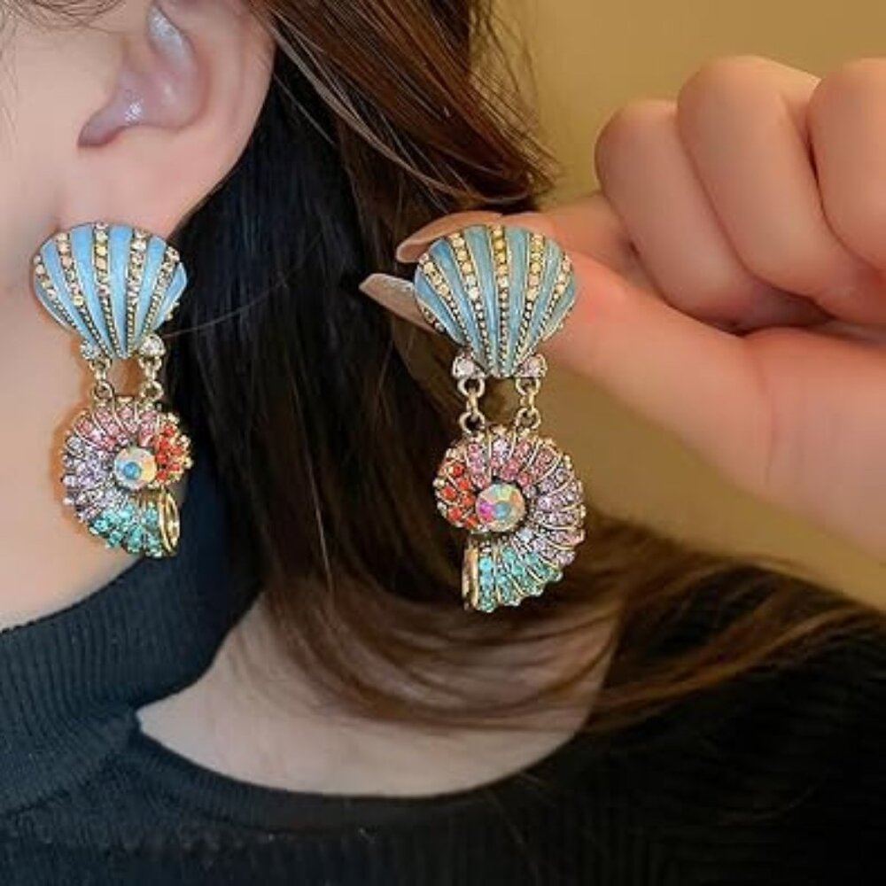 Seashell Drop Dangle Earrings Crystal Rhinestones‎ Bling